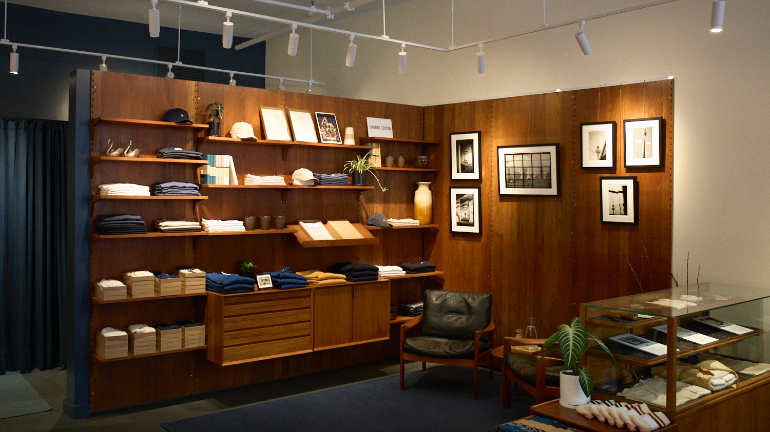 teak shelving system inside the store